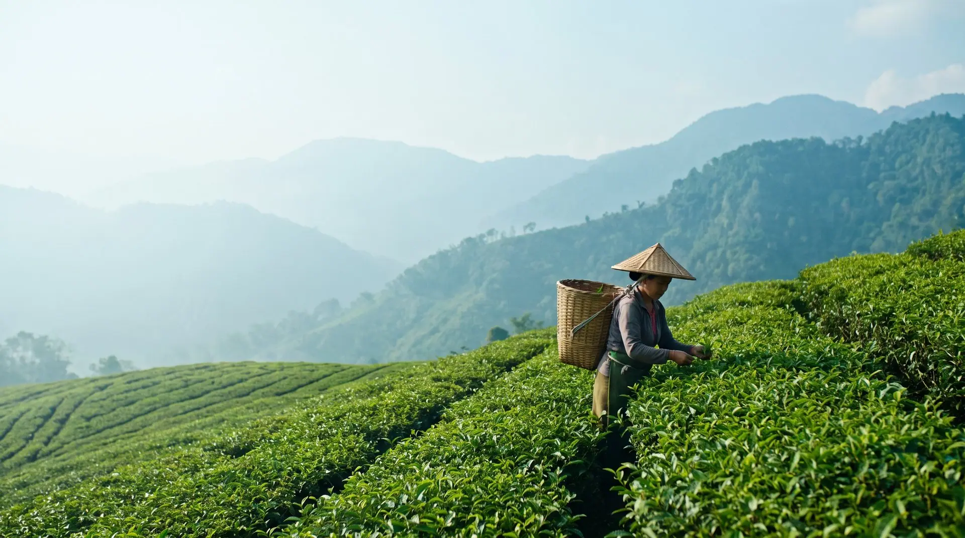 A tea picker working the plantation rows of a Northeast India estate