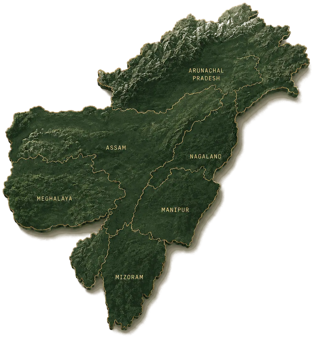 Relief map of the seven Northeast India states Westora sources from: Arunachal Pradesh, Assam, Nagaland, Meghalaya, Manipur, Tripura and Mizoram