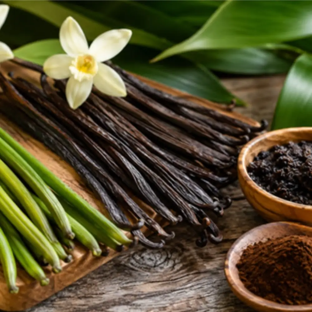 Fresh vanilla pods, orchid flower and vanilla seed paste