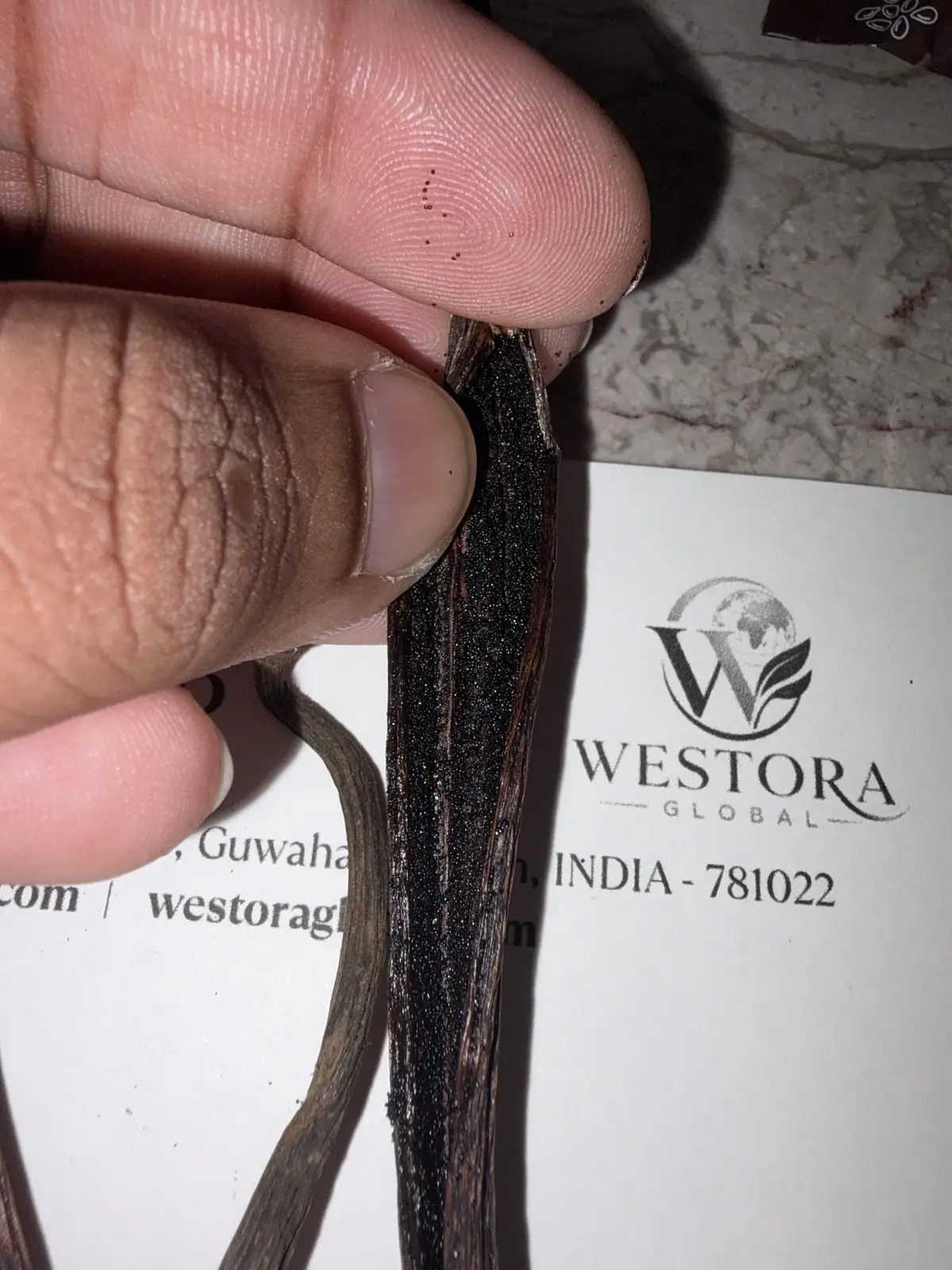 Close-up of a split cured vanilla bean with dense vanilla seed paste